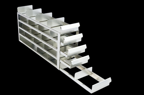 stainless steel laboratory freezer rack with sliding trays for 2 inch cryo boxes five high by four deep 