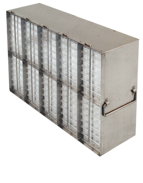 stainless steel freezer rack for 96 well or 384 well microtiter plates locking rod to secure plates holds 112 with lids or 140 without 