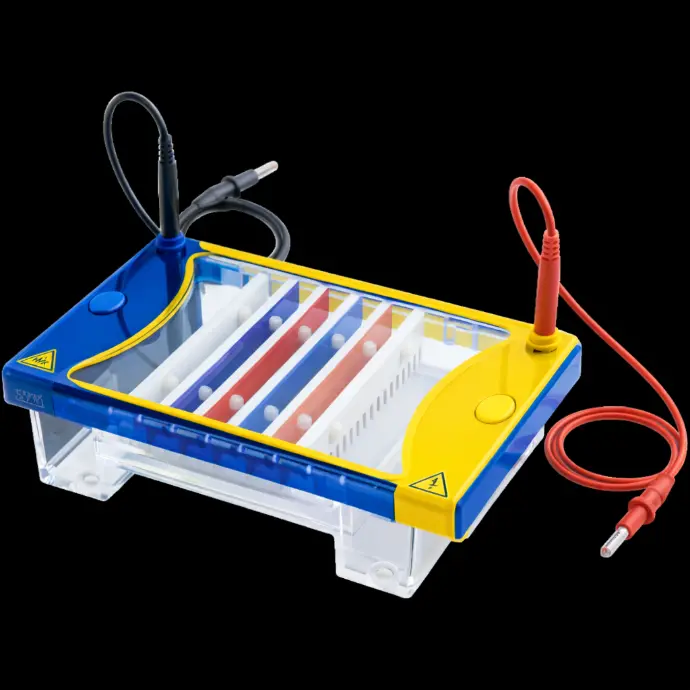 SafeBlue Electrophoresis System, including SafeBlue ill µminator, electrophoresis gel tanks, amber filter lid, image enhancer film and red/black cable