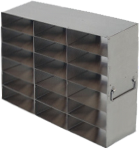 [FR-2-18-100] stainless steel laboratory freezer rack for 100 place plastic hinged lid cryo boxes three deep by six high 